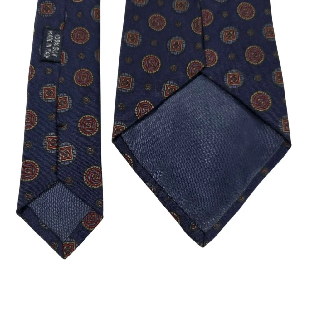 ADOLFO Silk Geometric Pattern Necktie Navy Blue Made in‎ Italy Luxury Accessory